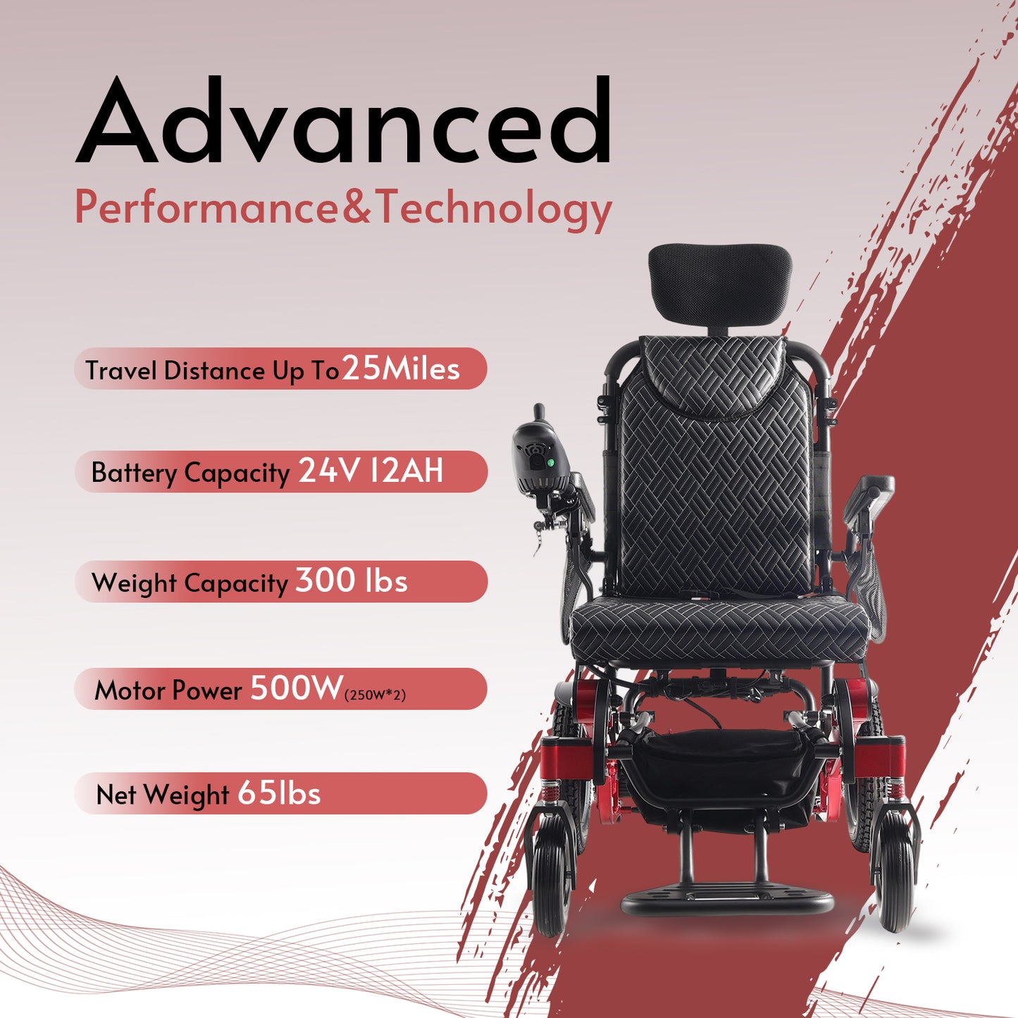 SHAWK (RED)-Reclining Folding Lightweight Electric Wheelchair 500W Motor,330 lbs-13 miles