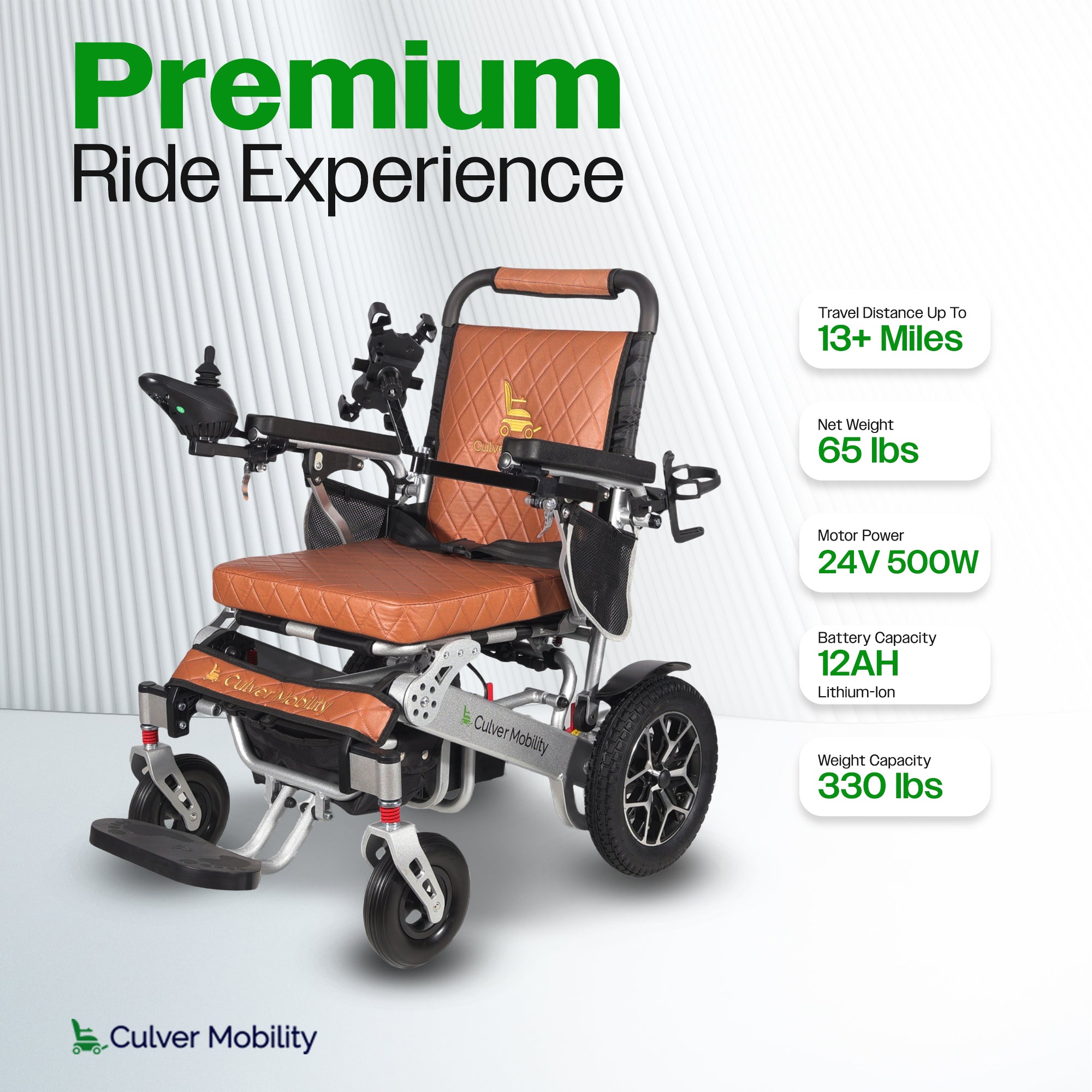 WOLF Brown Folding Electric Wheelchair, 330lbs Capacity, 13mi Range