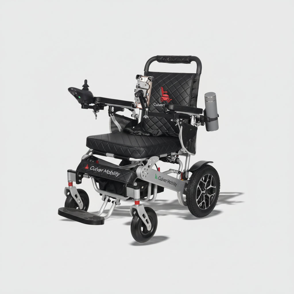 Electric wheelchair with 'Culver Mobility' branding on a white background