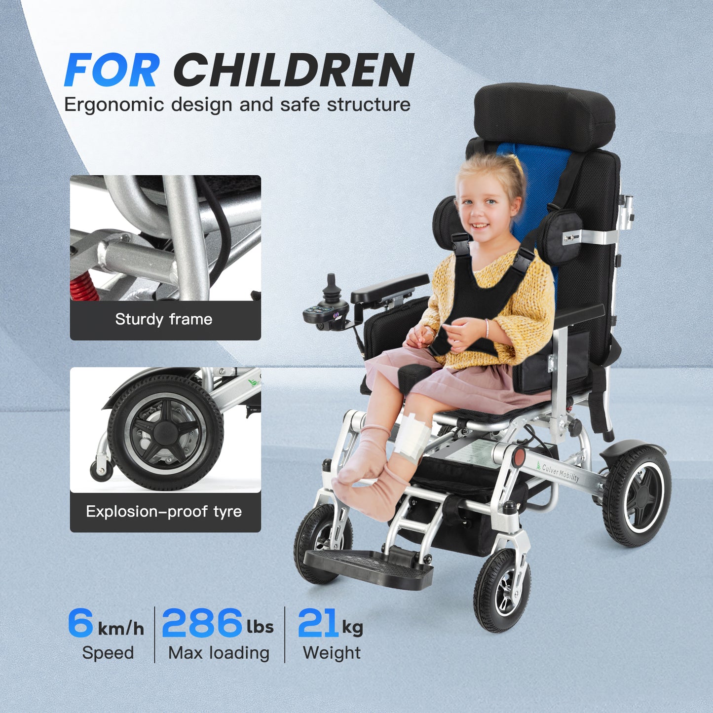 Culver Mobility NORA-Kids Electric Wheelchair Aluminum Alloy Frame , Disabled Teenagers Foldable