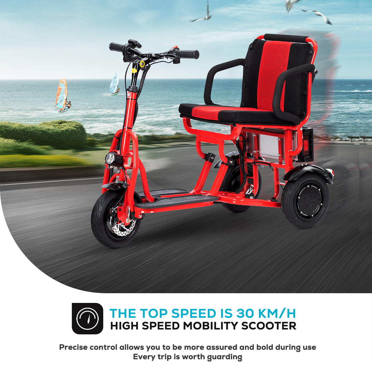 Culver Mobility COUGAR 3-Wheel Folding Mobility Scooter, 49.6 lb, 15-Mile Range – Red