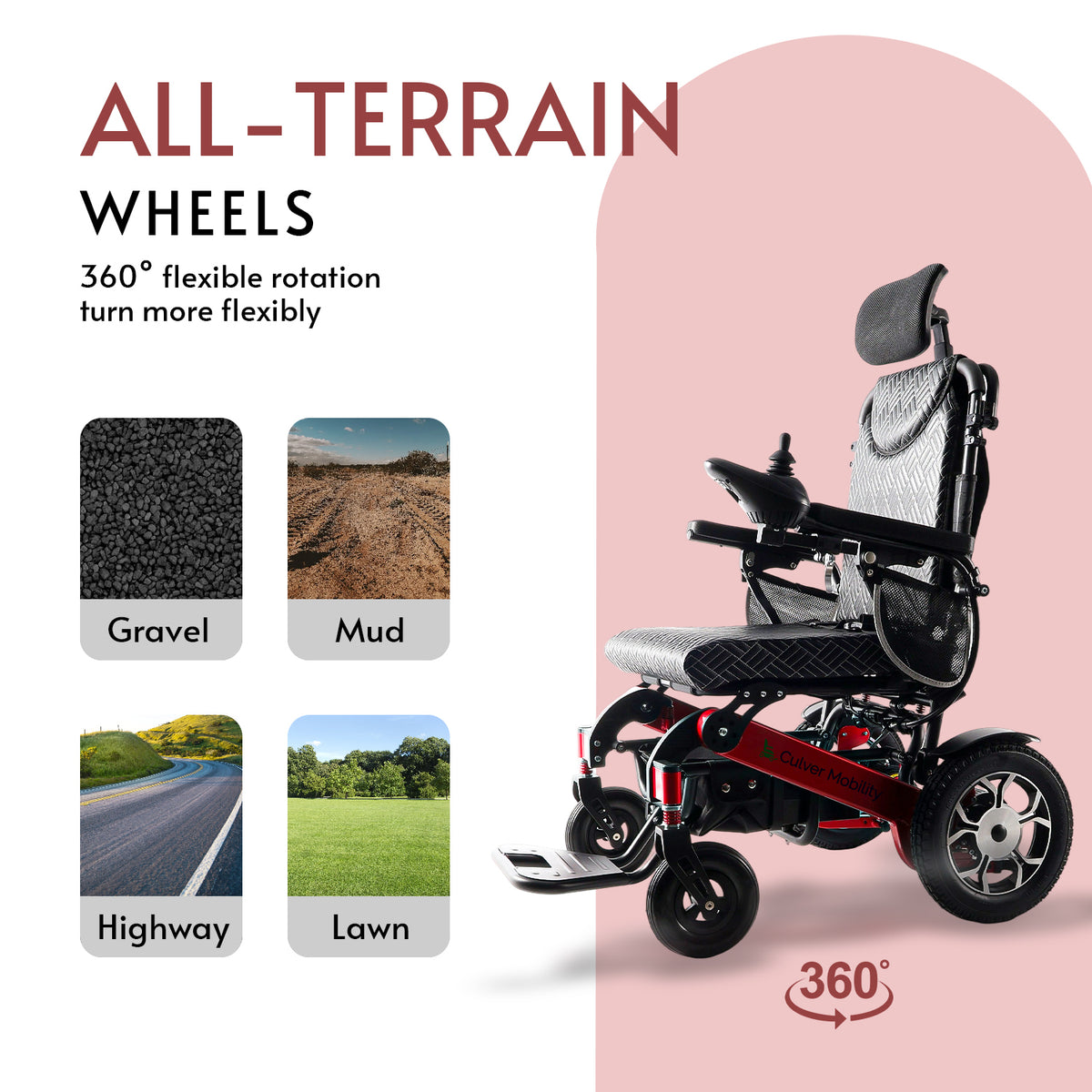 Culver Mobility SHAWK Reclining Folding Electric Wheelchair, 330 lb, 25-Mile Range – Red
