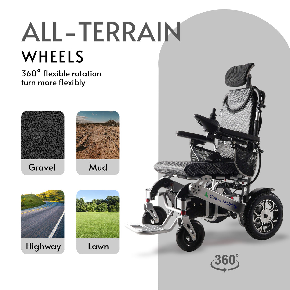 Culver Mobility SHAWK Reclining Folding Electric Wheelchair, 330 lb, 25-Mile Range – Silver