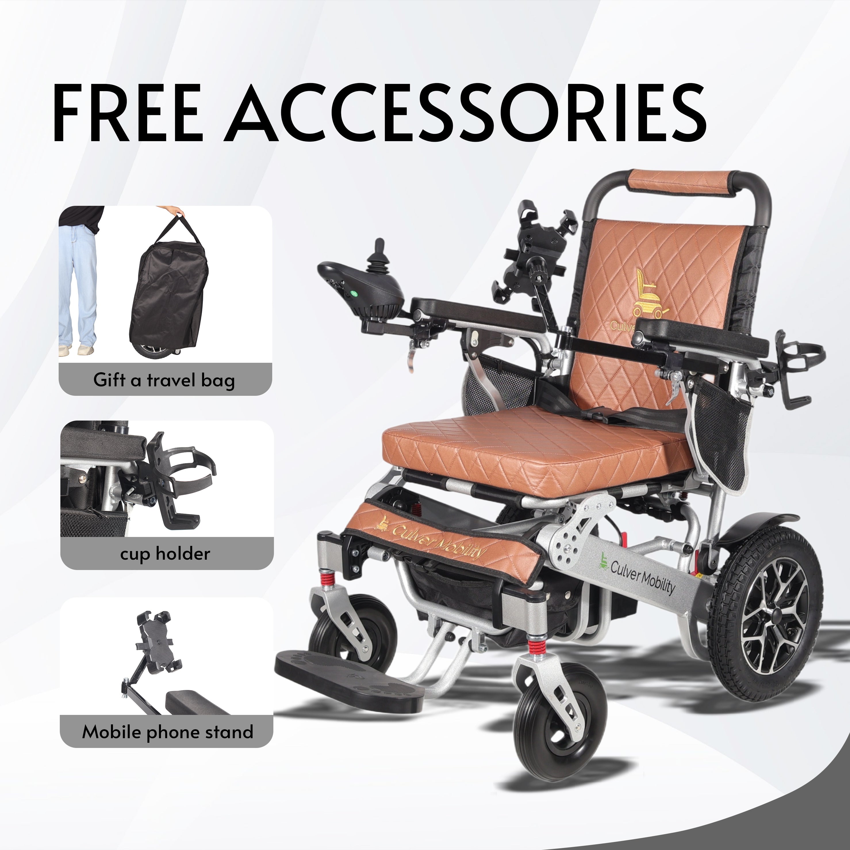 WOLF Brown Folding Electric Wheelchair, 330lbs Capacity, 13mi Range
