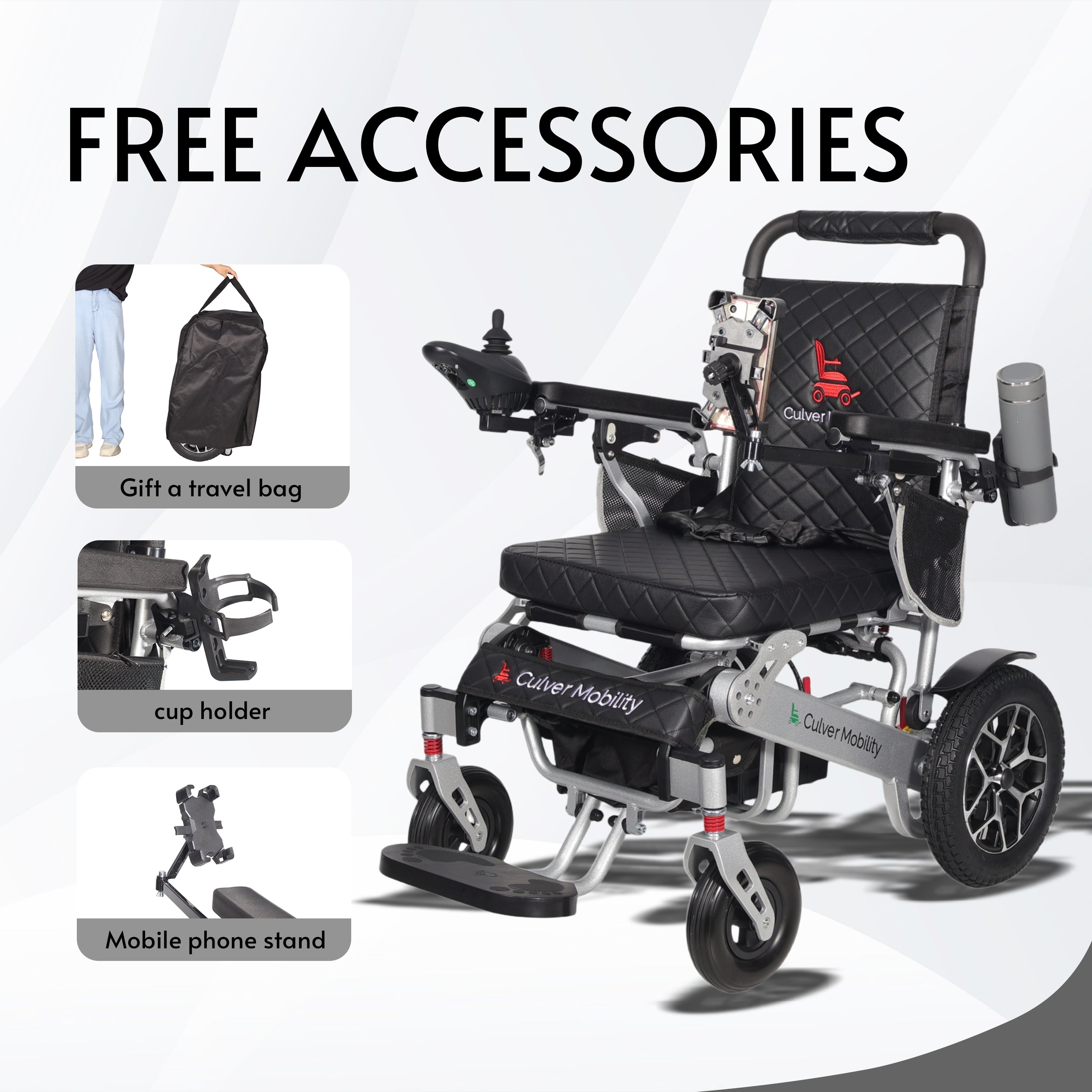 WOLF (Black) – Folding Lightweight Heavy Duty Electric Wheelchair, 330 lbs Capacity, 500W Motor, 13 Miles Range – Includes Free Travel Bag, Cup Holder, and Phone Holder