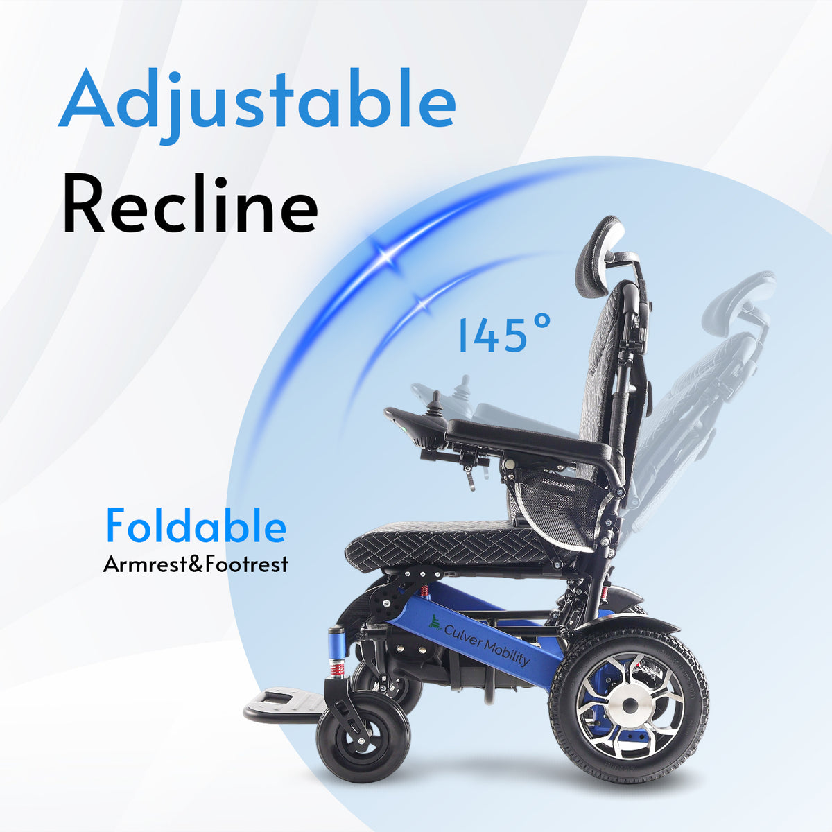 Culver Mobility SHAWK Reclining Folding Electric Wheelchair, 330 lb, 25-Mile Range – Blue
