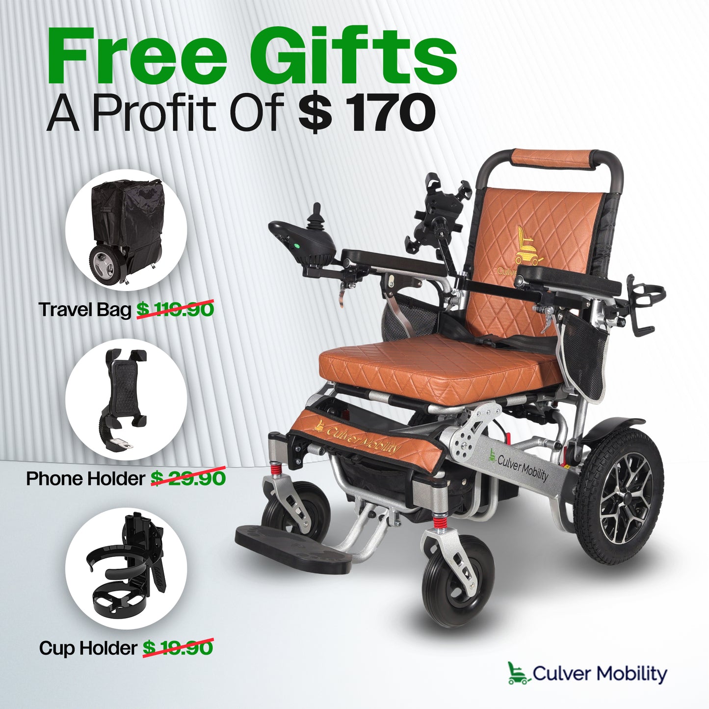 WOLF Brown Folding Electric Wheelchair, 330lbs Capacity, 13mi Range