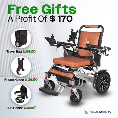 WOLF Brown Folding Electric Wheelchair, 330lbs Capacity, 13mi Range
