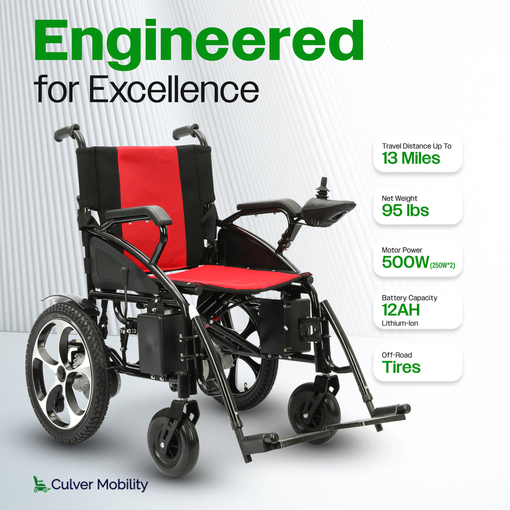 Culver Mobility ARTEMIS Folding Electric Wheelchair, 265 lb, 13-Mile Range – Red