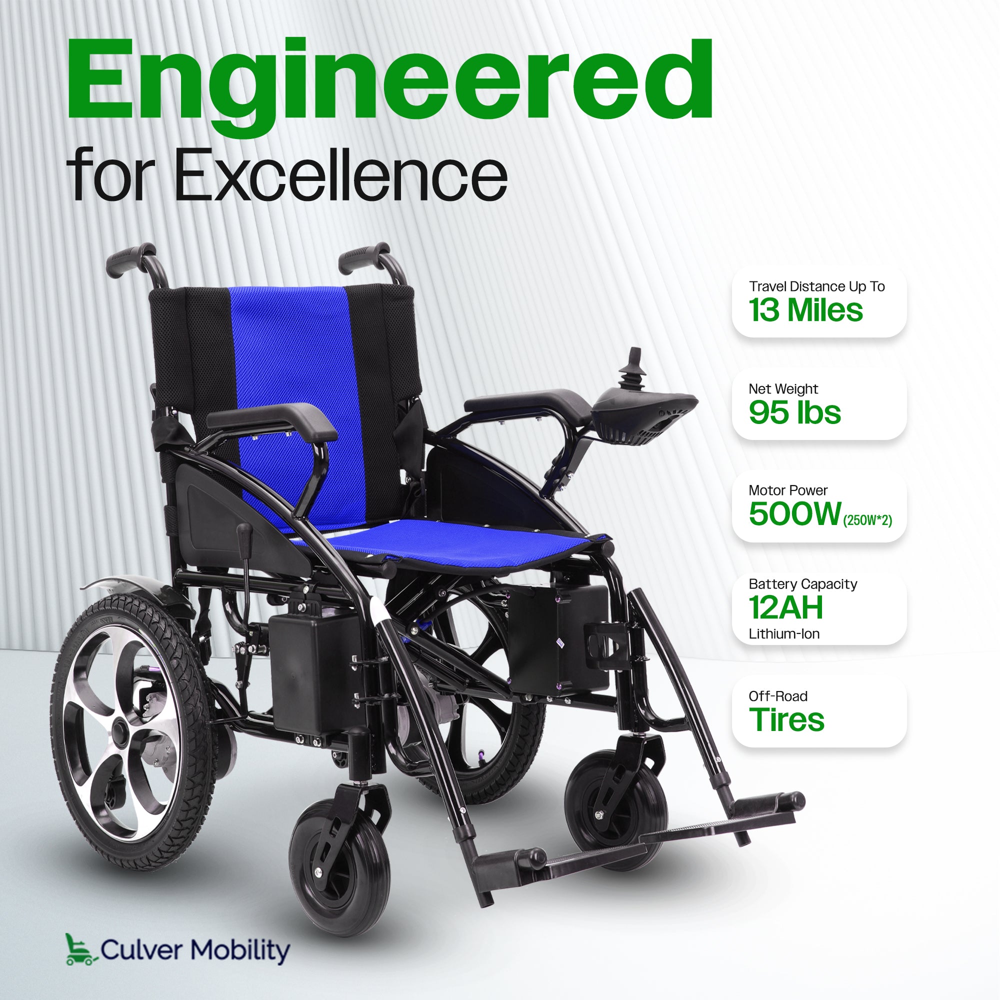 Culver Mobility ARTEMIS (BLUE) - Folding Lightweight Electric Wheelchair 265lbs - 500W- 13Miles