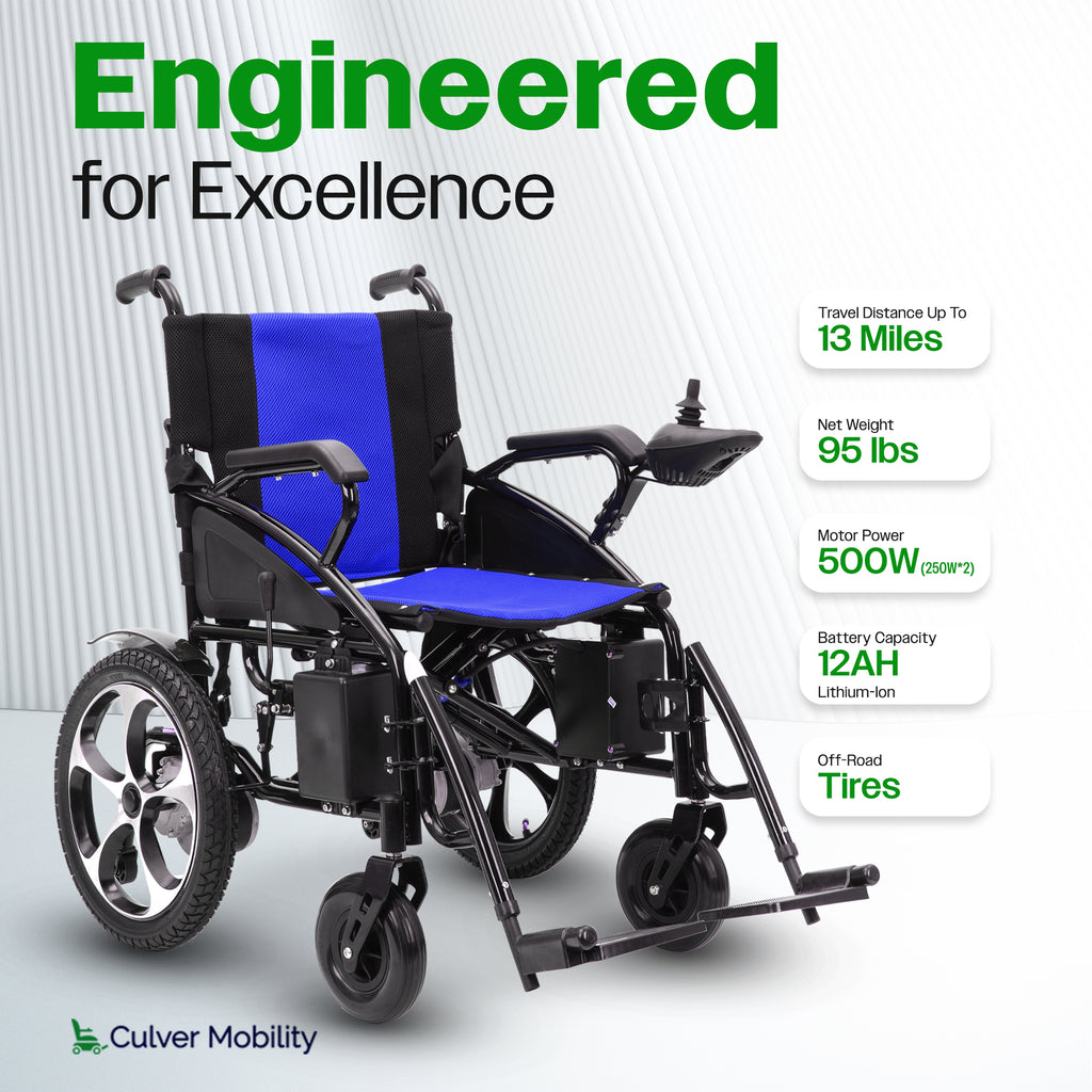 Culver Mobility ARTEMIS Folding Electric Wheelchair, 265 lb, 13-Mile Range – Blue