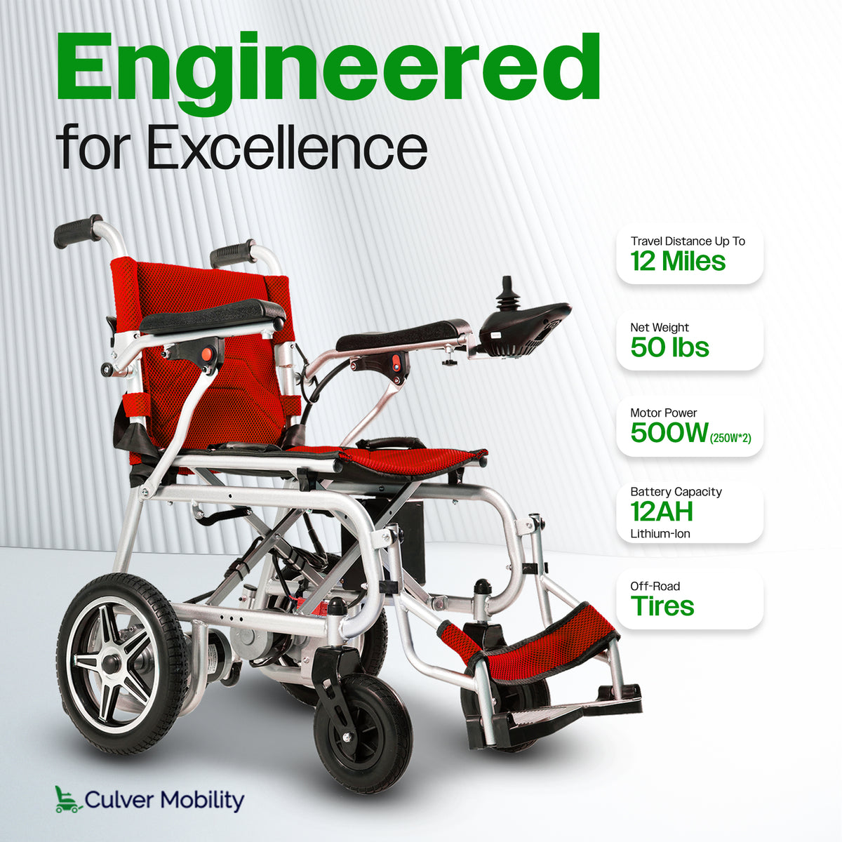 Culver Mobility ARTEMIS PRO Lightweight Folding Electric Wheelchair, 12-Mile Range – Red