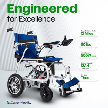 Culver Mobility ARTEMIS PRO (Blue)-Lightweight Foldable Electric Wheelchair 500W - 12 miles