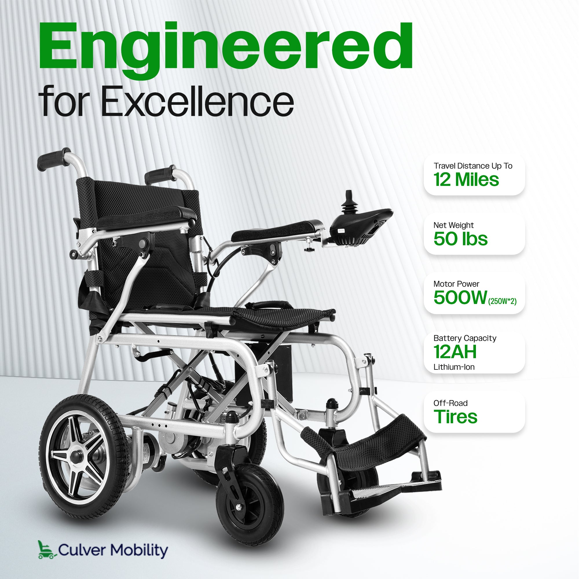 Culver Mobility ARTEMIS PRO (Black)-Lightweight Foldable Electric Wheelchair 500W-12 miles