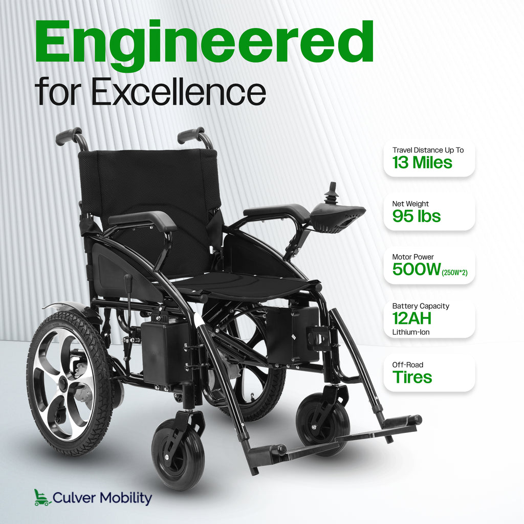 Culver Mobility ARTEMIS Folding Electric Wheelchair, 265 lb, 13-Mile Range – Black