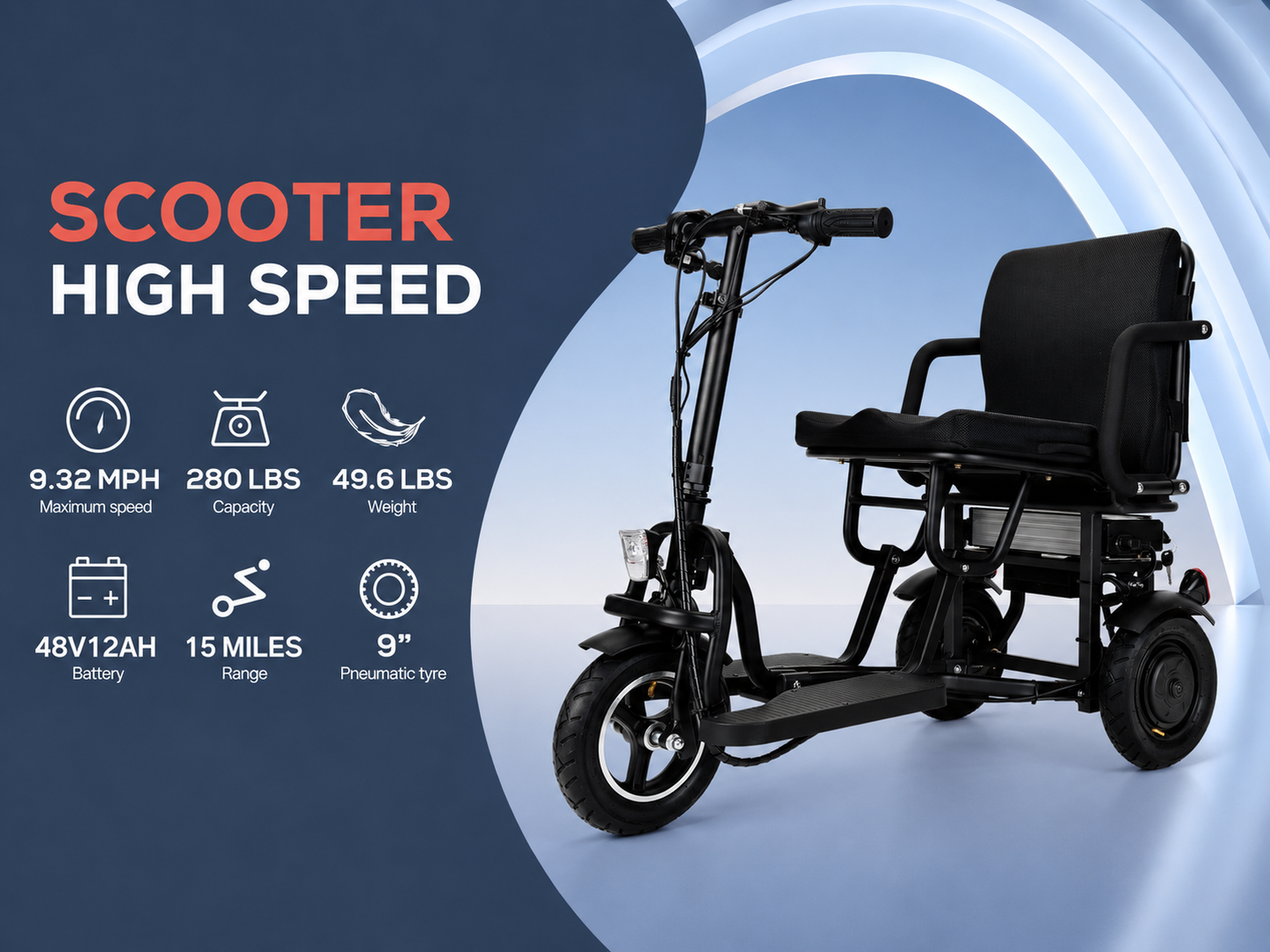 COUGAR (Black) Folding Electric Mobility Scooter 3 Wheel Lightweight Portable Power Travel Scooters