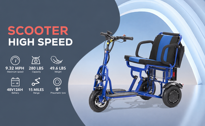 COUGAR (Blue) Folding Electric Mobility Scooter 3 Wheel Lightweight Portable Power Travel Scooters