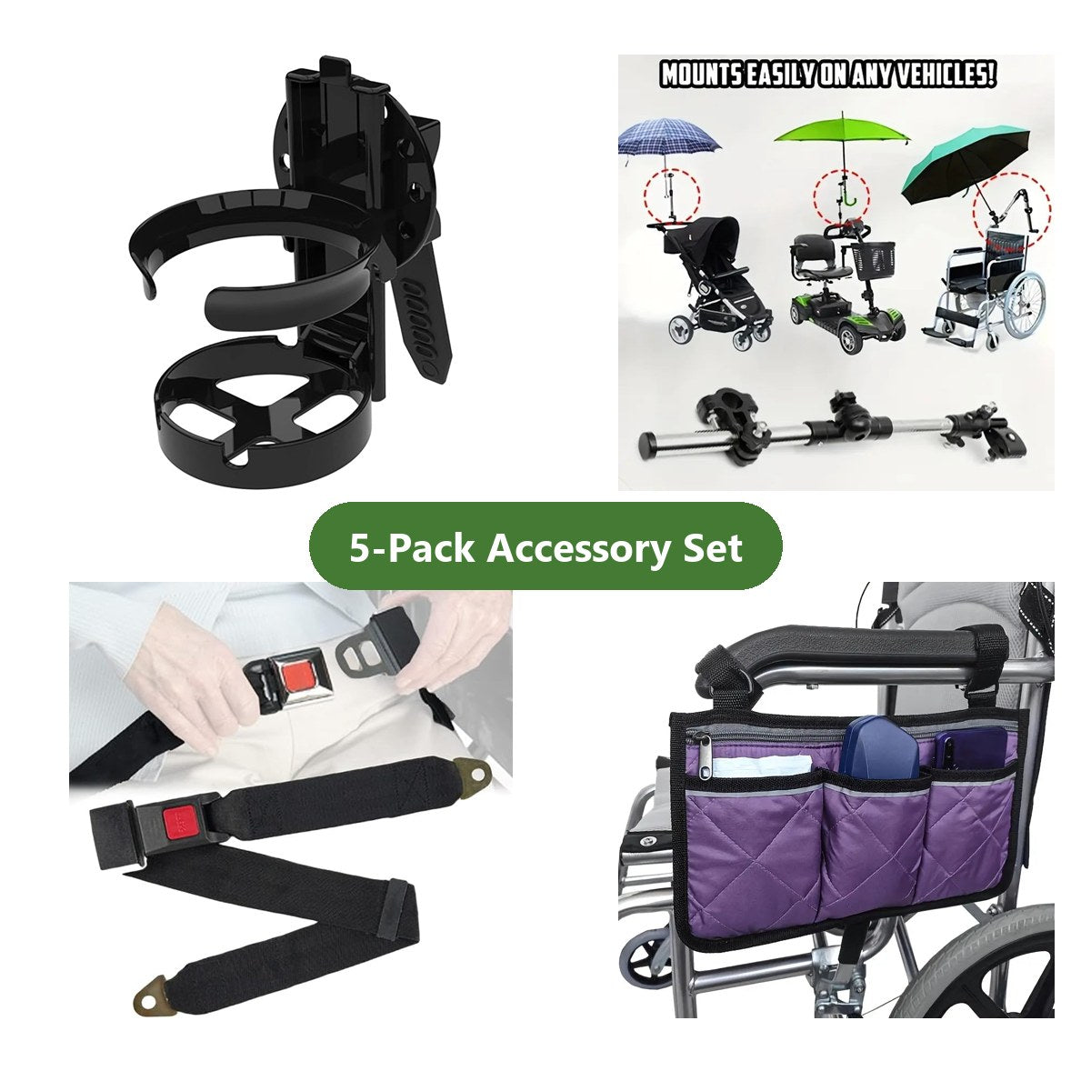 Culver Mobility 5-pack wheelchair accessory set: cup holder, umbrella stand, seat belt, armrest organizer