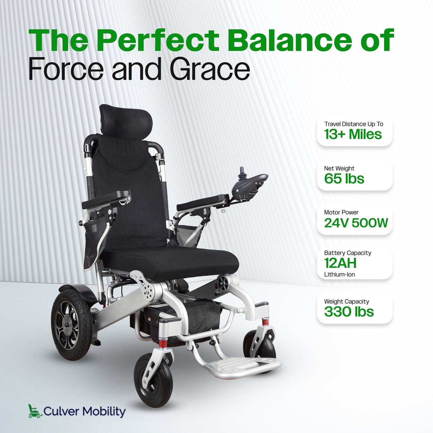 Culver Mobility SHAWK (Silver)-Reclining Folding Lightweight Electric Wheelchair 500W Motor,330 lbs-13 miles