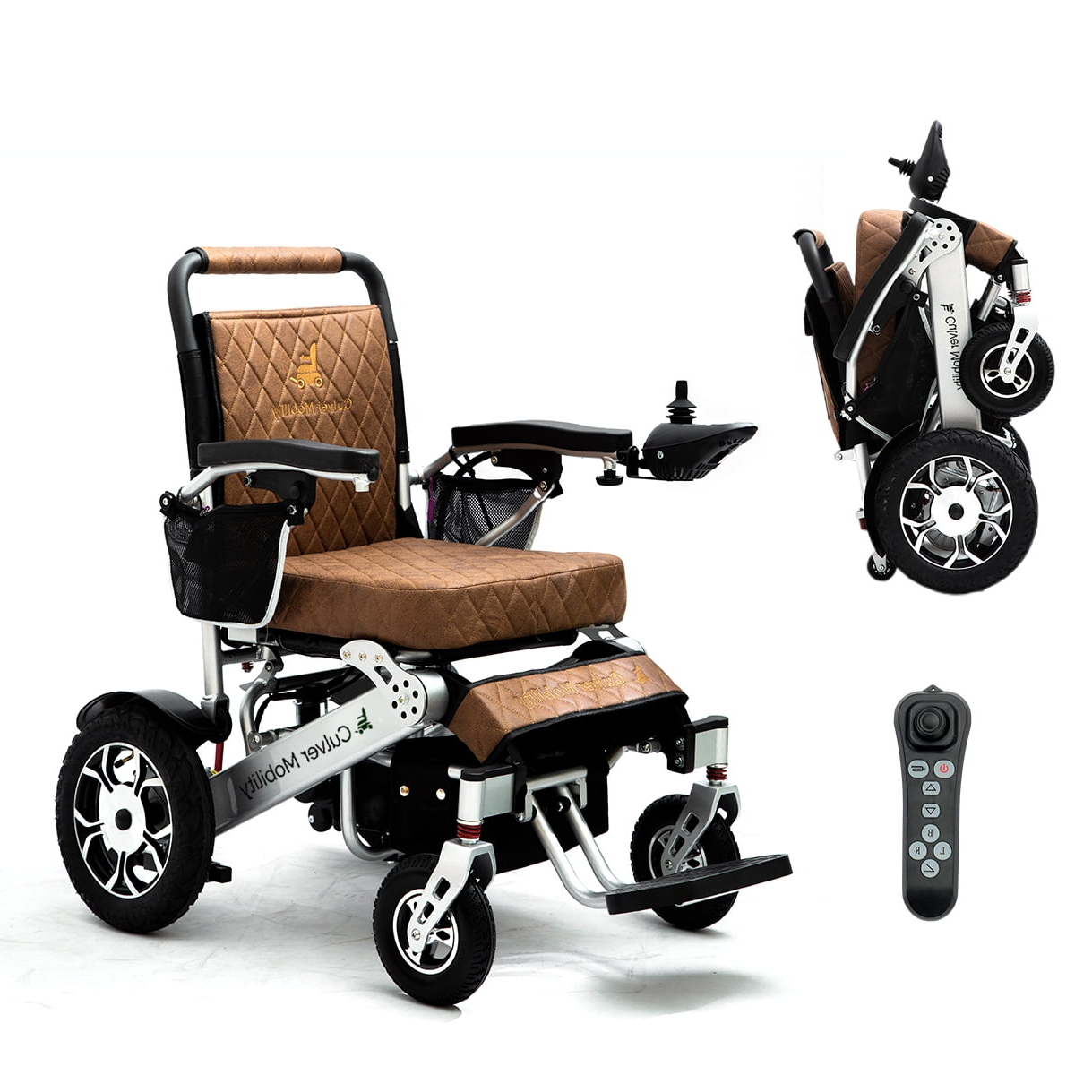 Culver Mobility WOLF (Brown)- Leather Folding Lightweight Heavy Duty Electric Wheelchair 330 lbs -500W-13 Miles