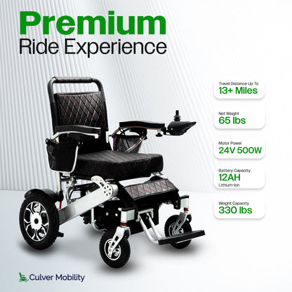 Culver Mobility WOLF (Black ) - Folding Lightweight Heavy Duty Electric Wheelchair 330 lbs-500W-13 Miles