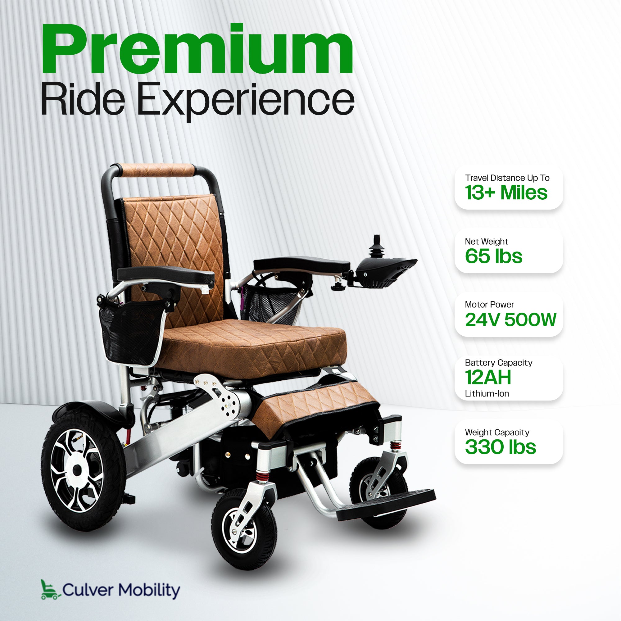 Culver Mobility WOLF (Brown)- Leather Folding Lightweight Heavy Duty Electric Wheelchair 330 lbs -500W-13 Miles