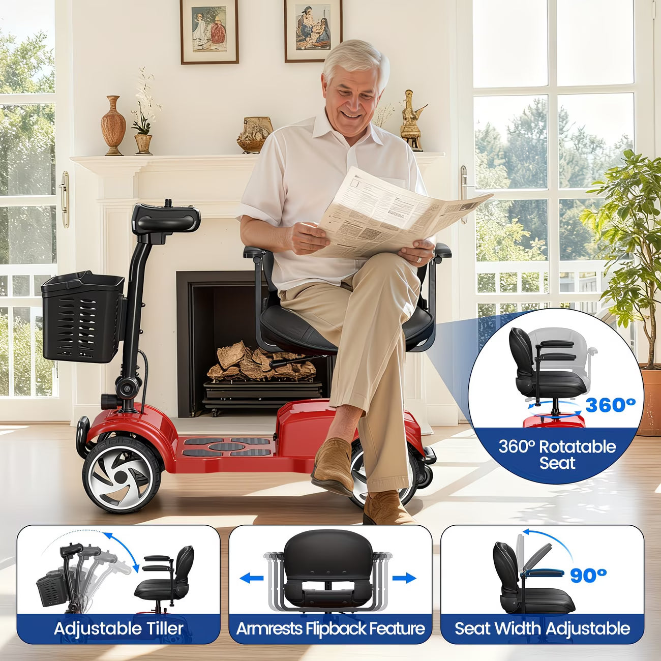 20-Mile Long Range Folding Mobility Scooter for Adults & Seniors, 300 lb Weight Capacity, Portable Electric Mobility Scooter with LED Headlight, Detachable Storage Basket, Compact Travel Scooter for Daily Use