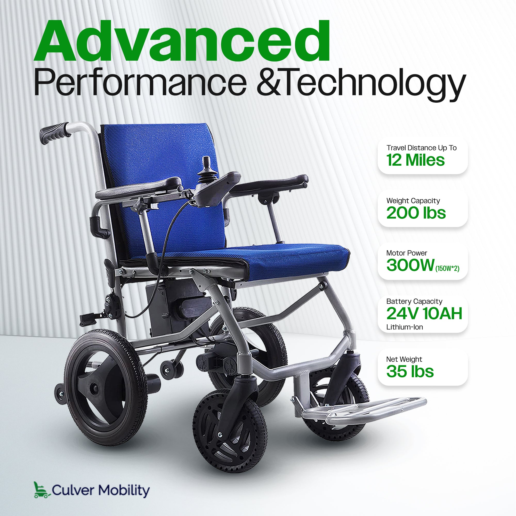 Culver Mobility Lightweight Foldable Electric Wheelchair - KANO (Blue) Travel Size