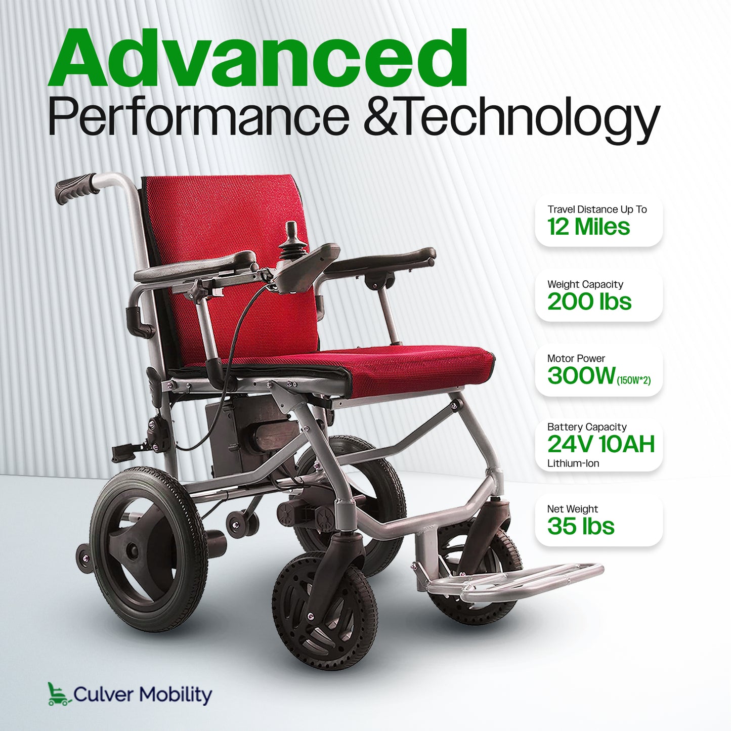 Culver Mobility KANO( Red) - Foldable Electric Wheelchair, Travel Size, User-Friendly