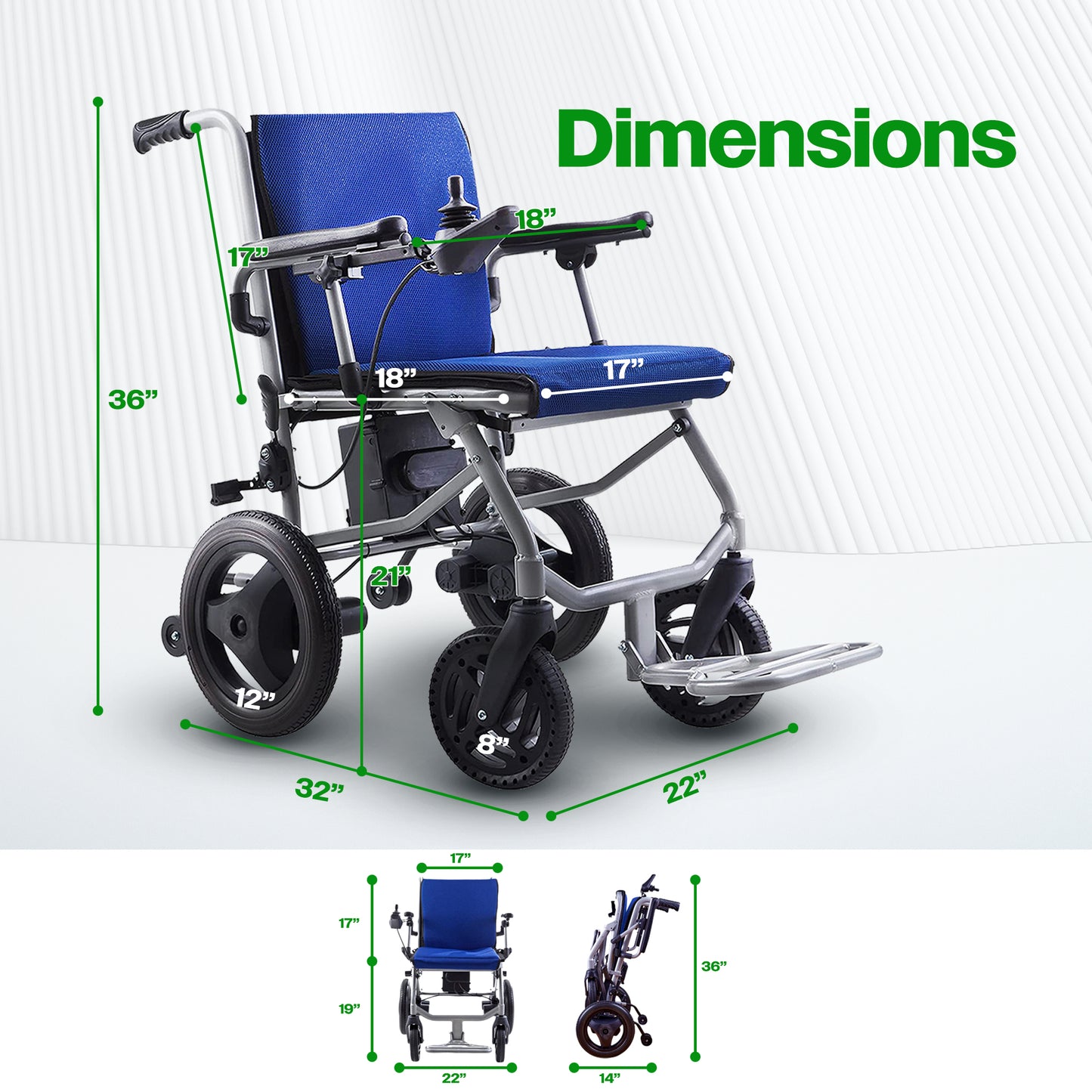 KANO (Blue) -Foldable Electric Wheelchair, Travel Size, User-Friendly