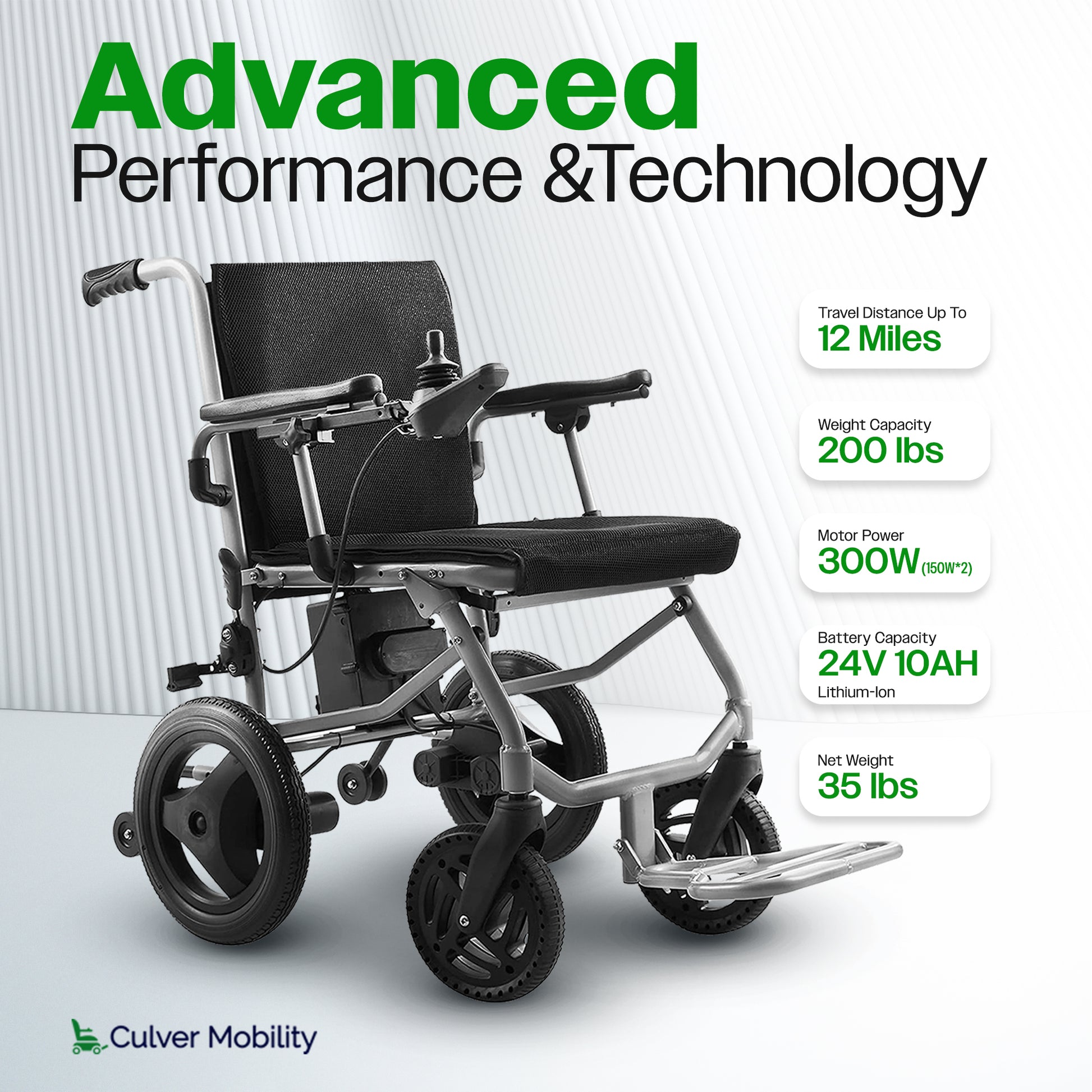 Culver Mobility KANO (Black) -Foldable Electric Wheelchair, Travel Size, User-Friendly
