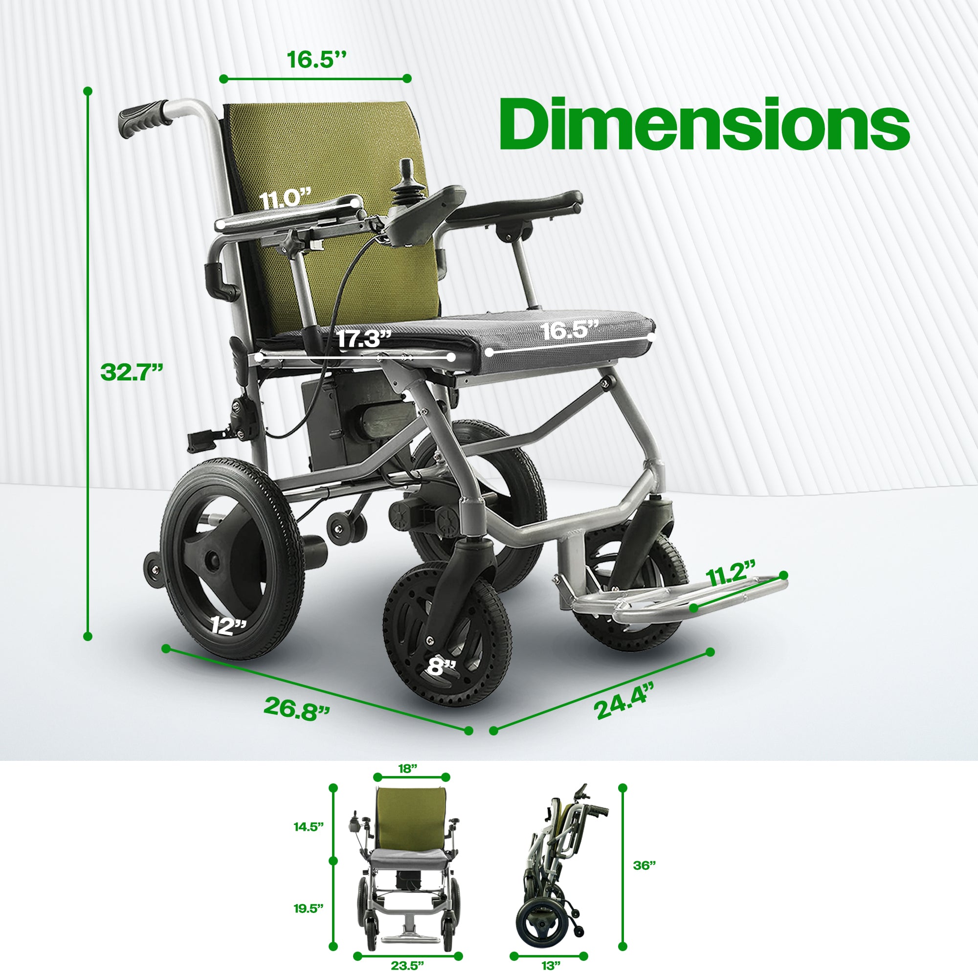 Culver Mobility KANO (Green) -Foldable Electric Wheelchair, Travel Size, User-Friendly