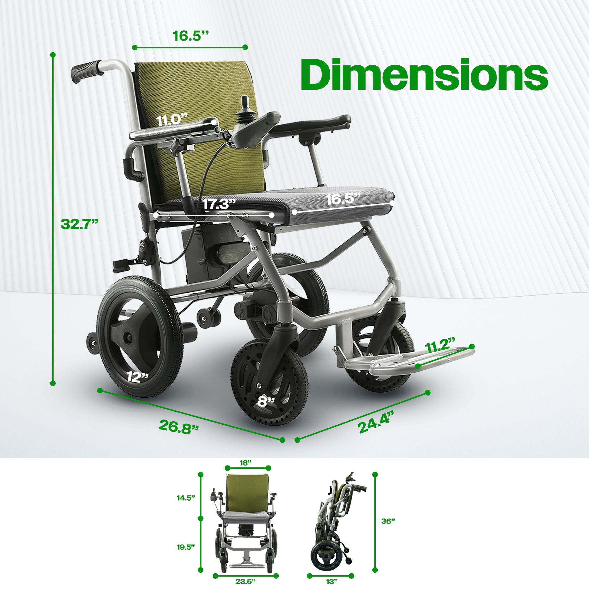Culver Mobility KANO (Green) -Foldable Electric Wheelchair, Travel Size, User-Friendly