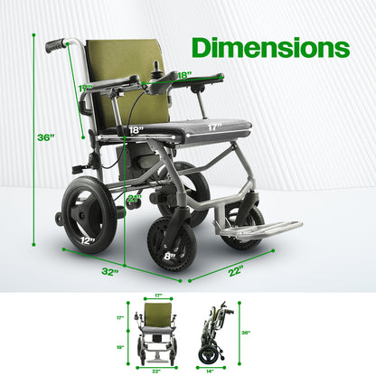 KANO (Green) -Foldable Electric Wheelchair, Travel Size, User-Friendly