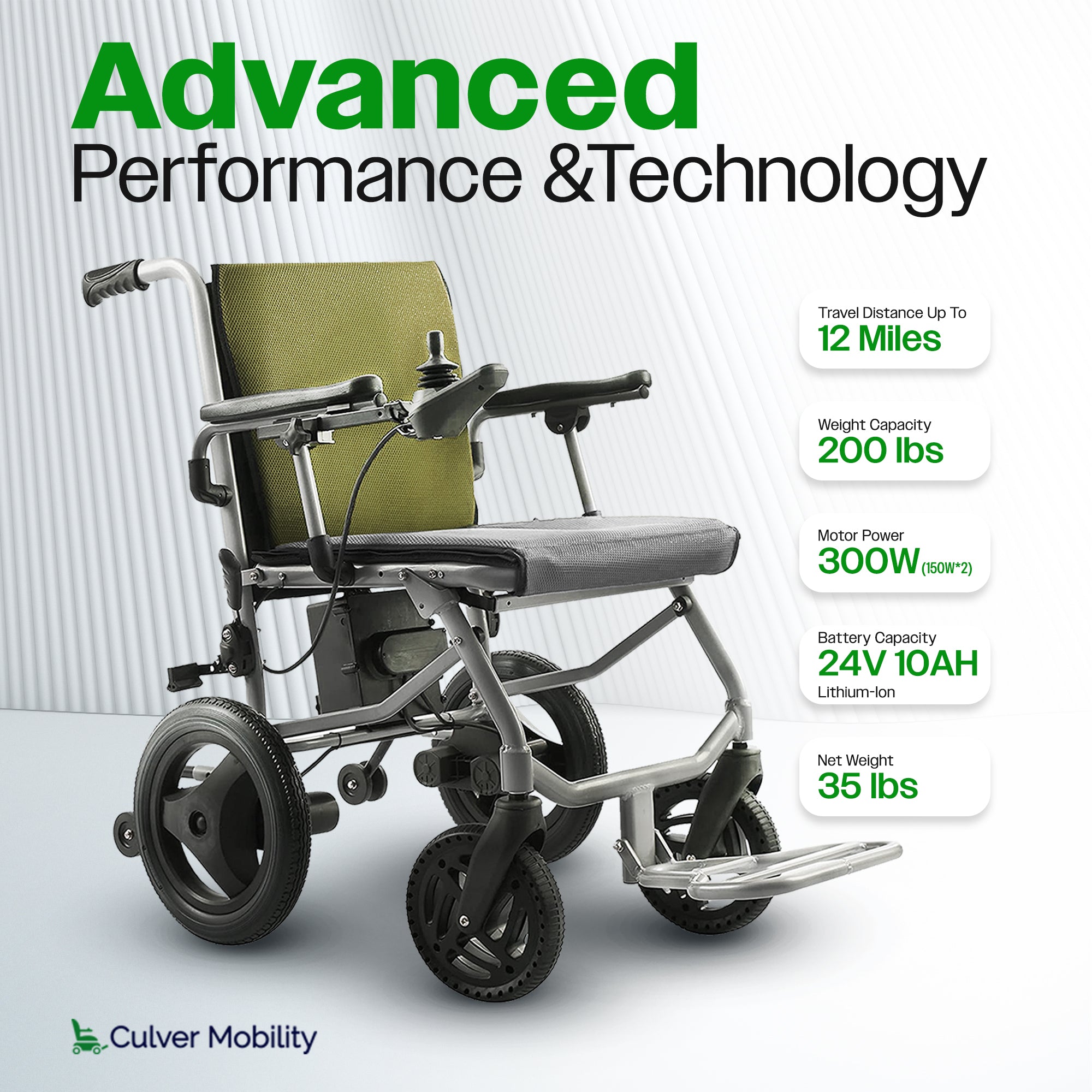 Culver Mobility KANO (Green) -Foldable Electric Wheelchair, Travel Size, User-Friendly