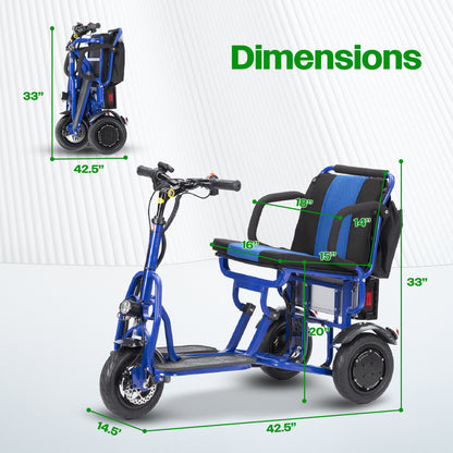 COUGAR (Blue) Folding Electric Mobility Scooter 3 Wheel Lightweight Portable Power Travel Scooters