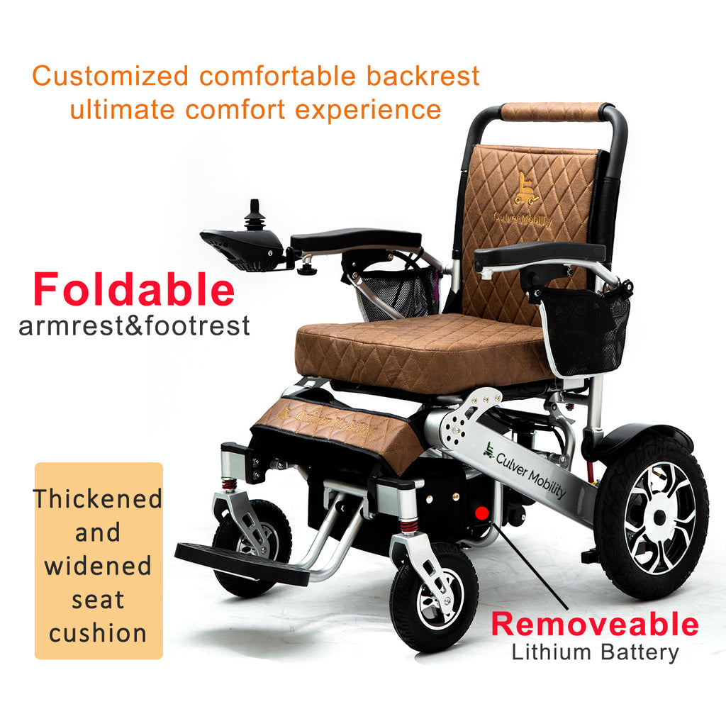 WOLF(Brown Leather)-Folding Lightweight Heavy Duty Electric Wheelchair 330 lbs -500W-13 Miles