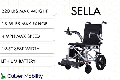 Culver Mobility SELLA- Foldable Electric Wheelchair, Travel Size, User-Friendly
