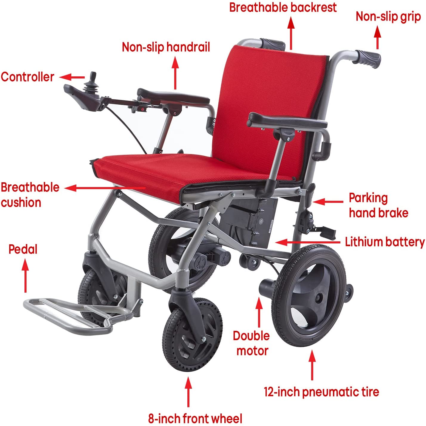 KANO( Red) -Foldable Electric Wheelchair, Travel Size, User-Friendly